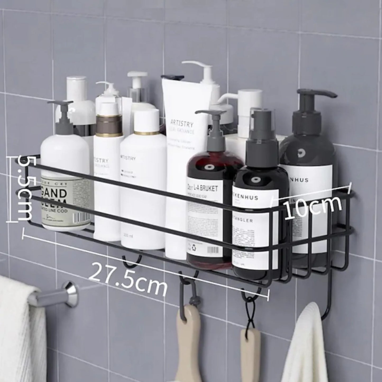 Bathroom Storage Hanging Shelf Wall Mounted With Hooks