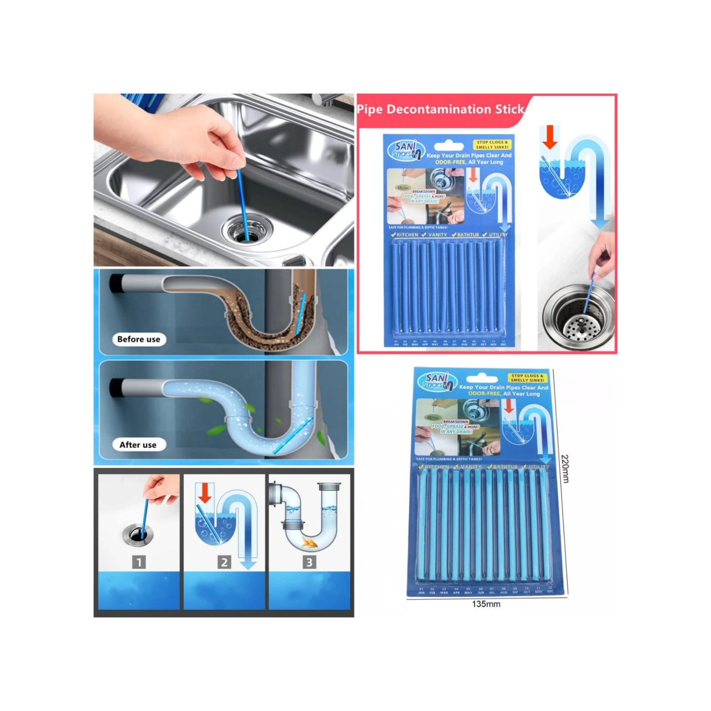 12Pcs Powerful Sink Drain Cleaner Sticks