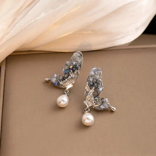 Dazzling Crystal Butterfly Pearl Drop Earrings (850)